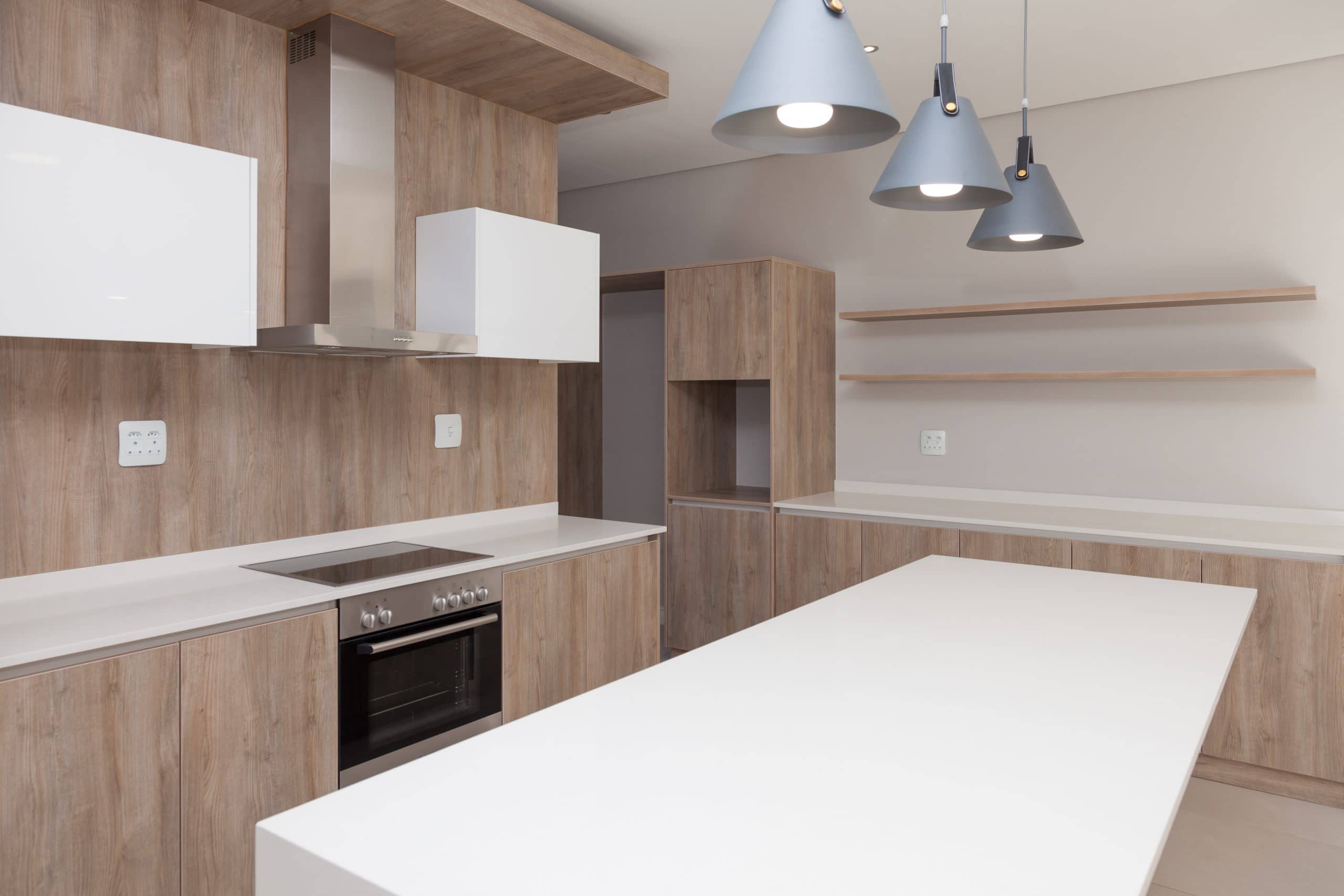 Bosch appliances wooden kitchen floating shelves